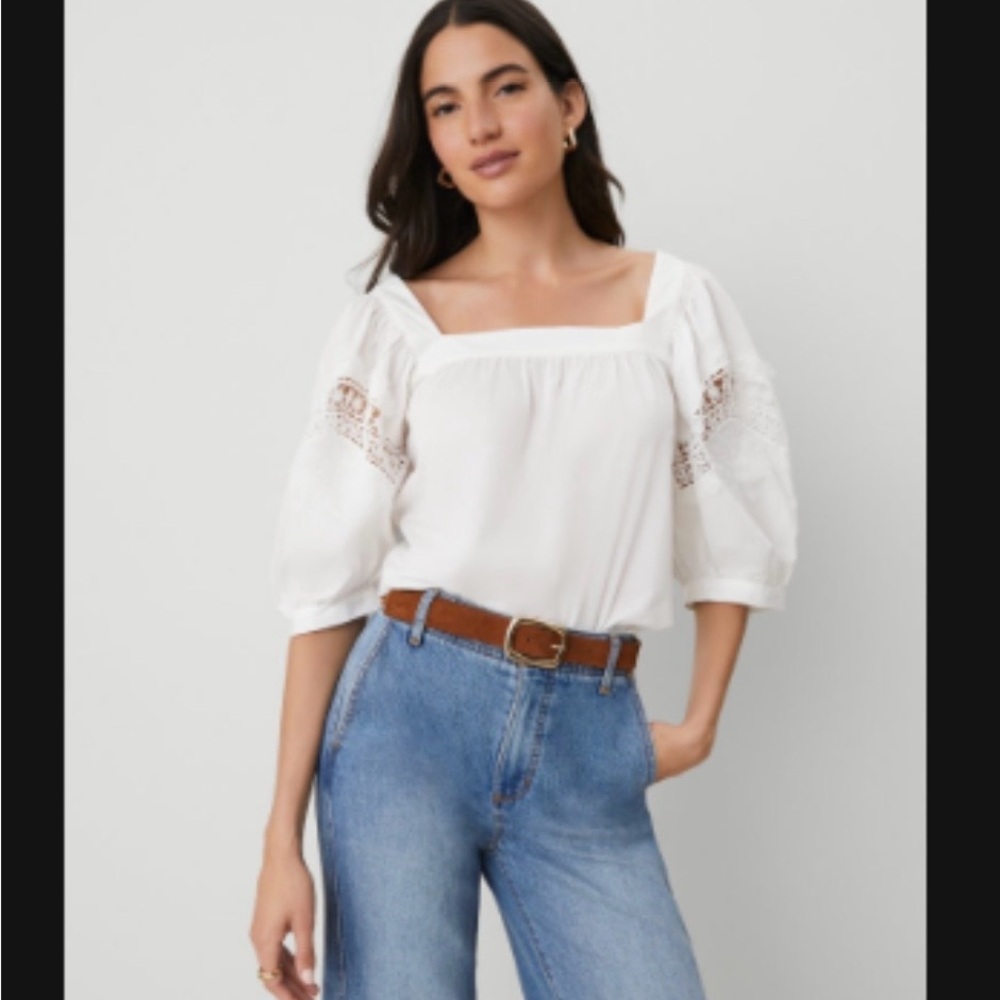 Ann Taylor White Square-Neck Lace Puff Sleeve Blouse